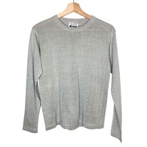 VINTAGE 80s 90s Anna Gray Silver Metallic Knit Crewneck Sweater Top Size Small